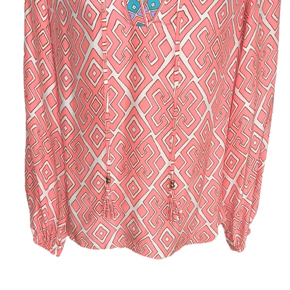 Alice & Trixie Silk Coral Peach Geometric Print Tie Neck Tassel Blouse - S - Picture 5 of 11